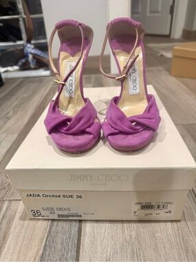 Jimmy Choo Orchid Suede Knotted Ankle-Strap Heels 36
